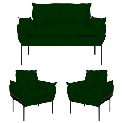 Kit 02 Poltronas + Namoradeira Reforçada Opala Metal Preto Verde