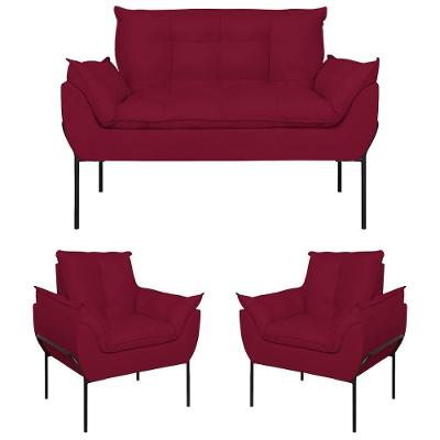 Kit 02 Poltronas + Namoradeira Reforçada Opala Metal Preto Marsala