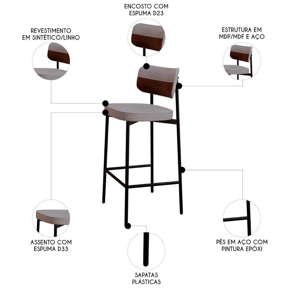 Banqueta Alta Bar Estofada Kit 2 Ella M25 Linho Cinza Cl/marrom - Mpozenato - 3