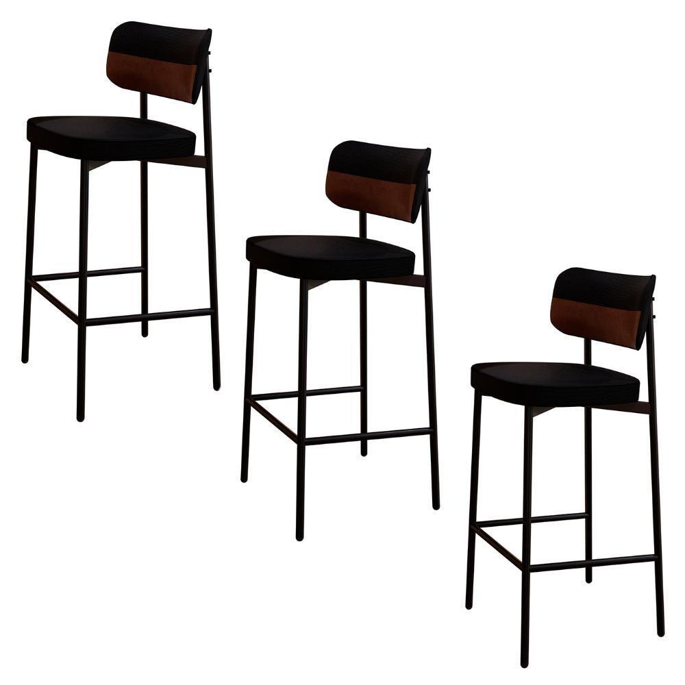 Banqueta Alta Bar Estofada Kit 3 Ella M25 Linho Preto/marrom - Mpozenato - 1