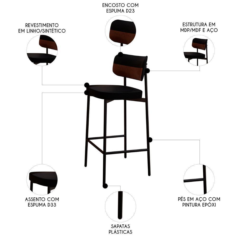 Banqueta Alta Bar Estofada Kit 3 Ella M25 Linho Preto/marrom - Mpozenato - 3