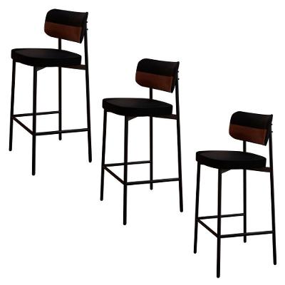 Banqueta Alta Bar Estofada Kit 3 Ella M25 Linho Preto/marrom - Mpozenato