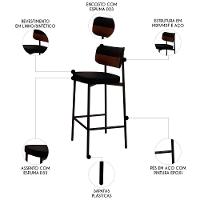 Banqueta Alta Bar Estofada Kit 3 Ella M25 Linho Preto/marrom - Mpozenato - 3
