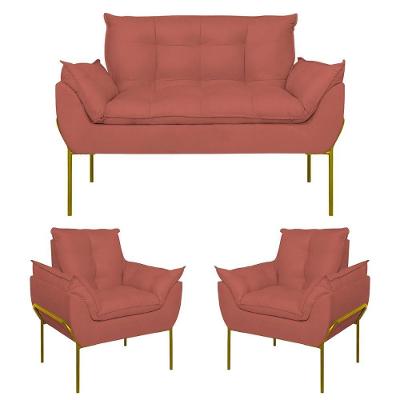Kit 02 Poltronas + Namoradeira Reforçada Opala Metal Dourado Rosa
