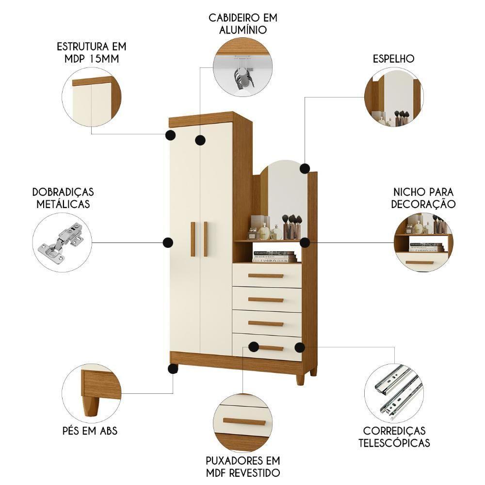 Guarda Roupa Cômoda Com Espelho 103cm Maite A02 Off/cinamomo - Mpozenato - 3