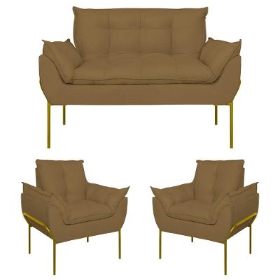 Kit 02 Poltronas + Namoradeira Reforçada Opala Metal Dourado Capuccino