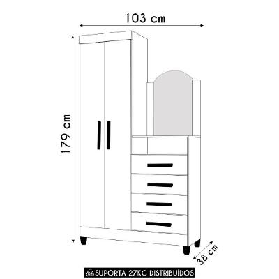 Guarda Roupa Solteiro Cômoda Maite A02 2 Portas Bater 4 Gavetas Freijó-Titanium