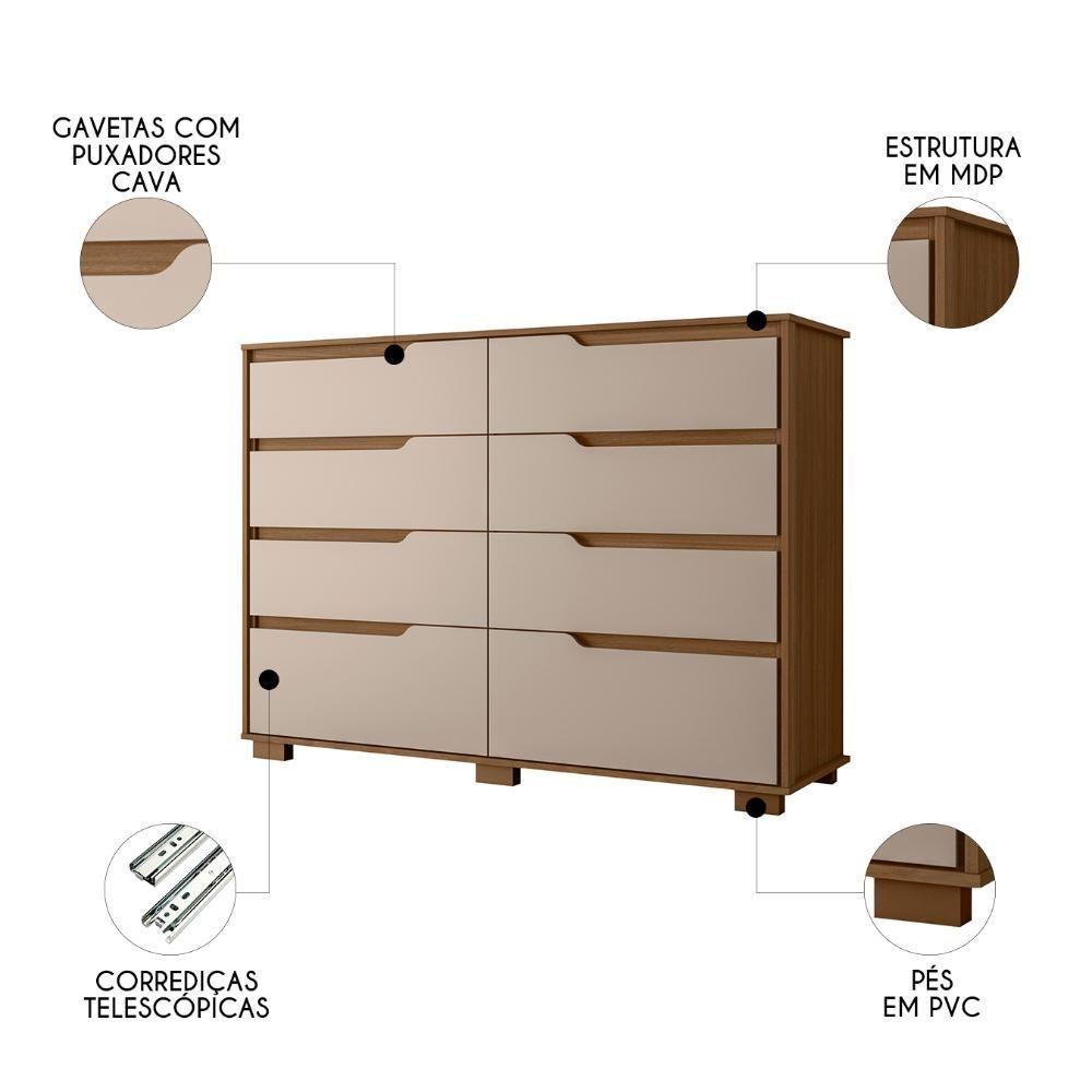 Cômoda Para Quarto 147cm Com 8 Gavetas Parma Carvalho/fendi Z17 - Mpozenato - 3