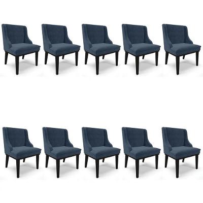 Kit 10 Cadeiras Estofadas Para Sala De Jantar Base Fixa De Madeira Preto Lia Suede Azul Marinho - Ibiza