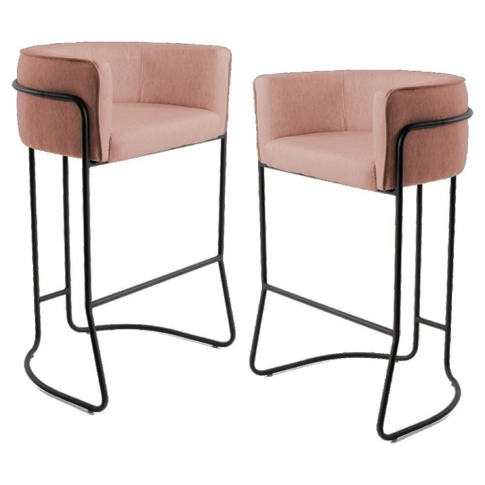 Kit 2 Banquetas Decorativas Base Aço Preto Betina C-105 Linho Rosê - Domi - 1