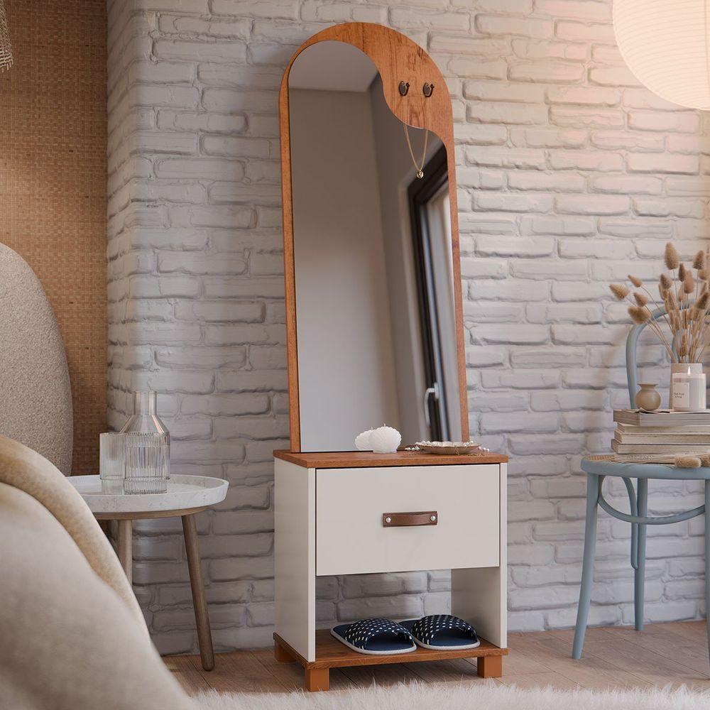 Toucador Com Espelho 1 Gaveta Nicho E 2 Ganchos Oranix Off White/freijó - 9