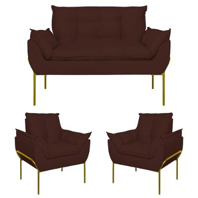 Kit 02 Poltronas + Namoradeira Reforçada Opala Metal Dourado Marrom