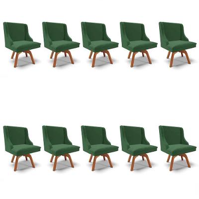 Kit 10 Cadeiras Estofadas Base Giratória De Madeira Lia Veludo Verde Esmeralda - Ibiza