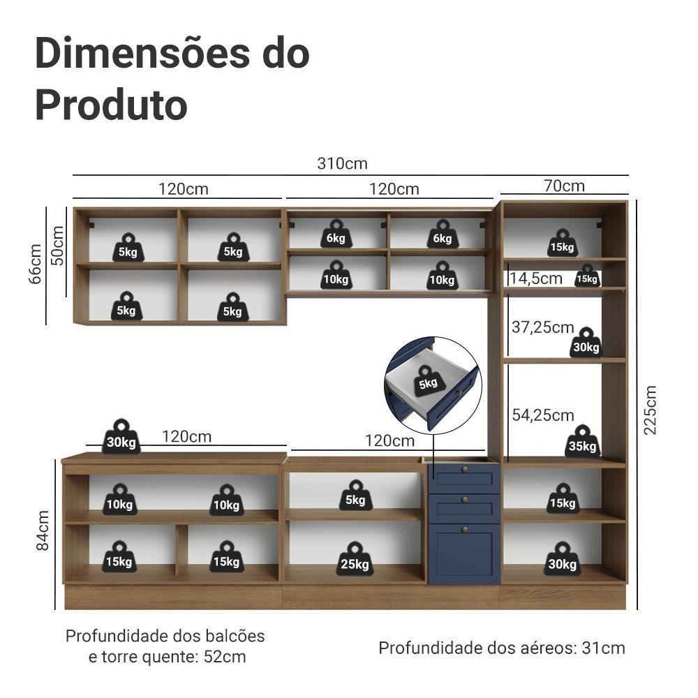 Armário De Cozinha Completa 310 Cm Vik Madesa 01 Rustic/azul - 3