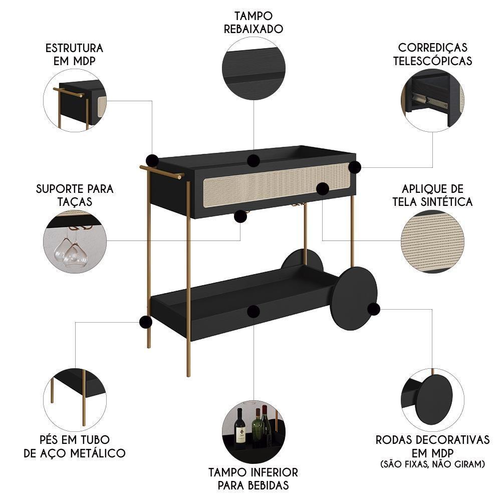 Carrinho Bar 1 Gaveta Porta Taça Pé Metal Arlo A10 Nero/dourado - Mpozenato - 3