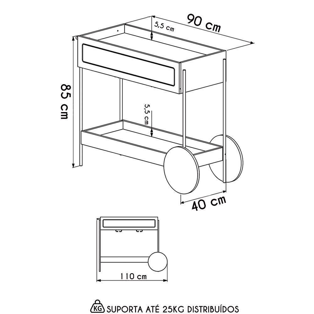 Carrinho Bar 1 Gaveta Porta Taça Pé Metal Arlo A10 Nero/dourado - Mpozenato - 4