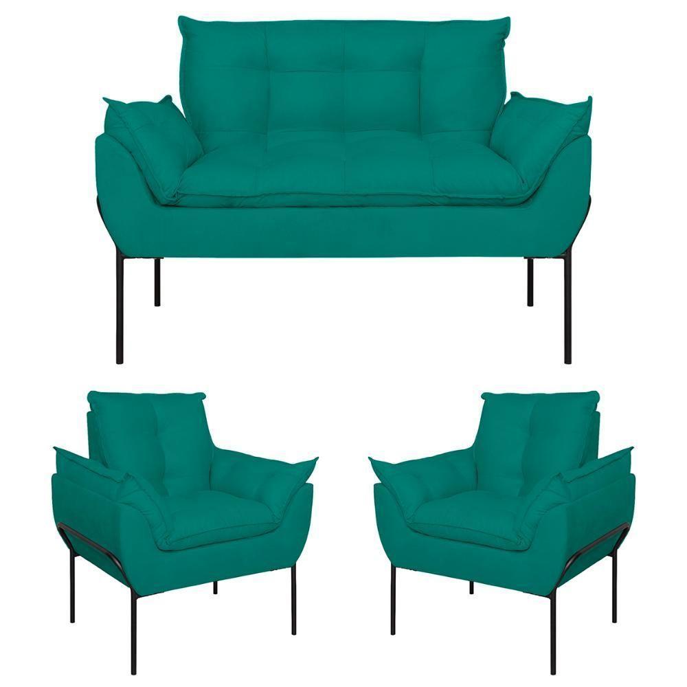Kit 02 Poltronas + Namoradeira Reforçada Opala Metal Preto Azul Turquesa - 1