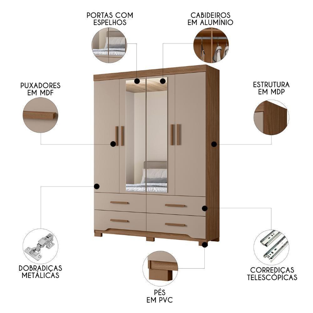 Guarda Roupa Casal 160cm Com Espelho Cancum Carvalho/fendi Z17 - Mpozenato - 3