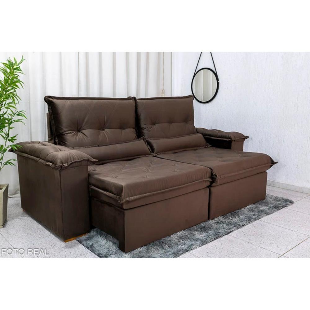 Sofá Retrátil Reclinável Imperial Molas Ensacadas Veludo Marrom 2,50m - 3