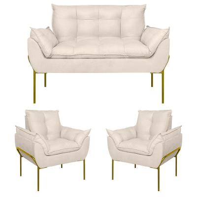 Kit 02 Poltronas + Namoradeira Reforçada Opala Metal Dourado Bege
