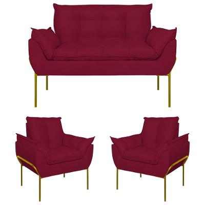 Kit 02 Poltronas + Namoradeira Reforçada Opala Metal Dourado Marsala