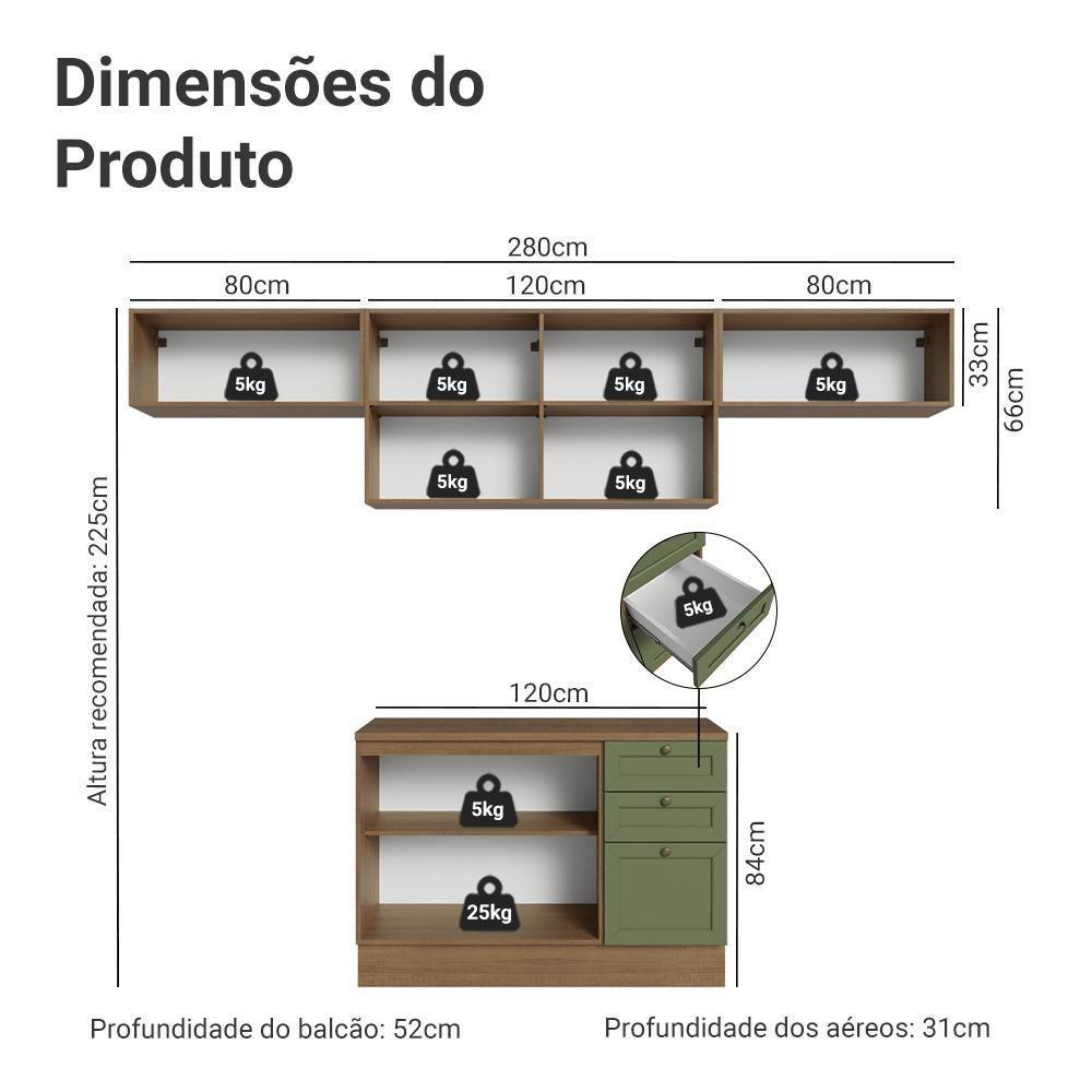 Armário De Cozinha Completa 280 Cm Vik Madesa 01 Rustic/verde - 3