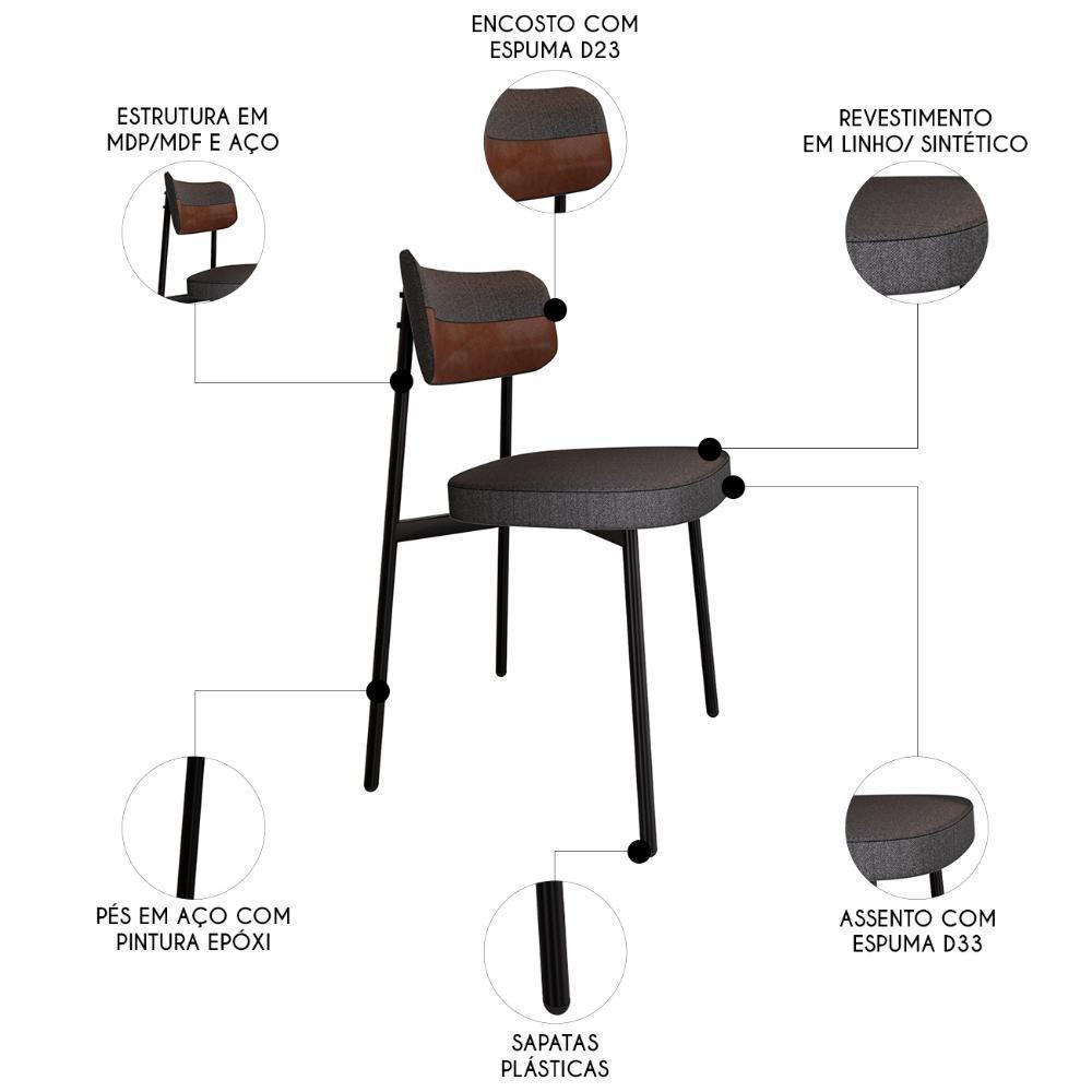 Cadeira De Jantar Estofada Kit 8 Ella M25 Linho Grafite/marrom - Mpozenato - 3