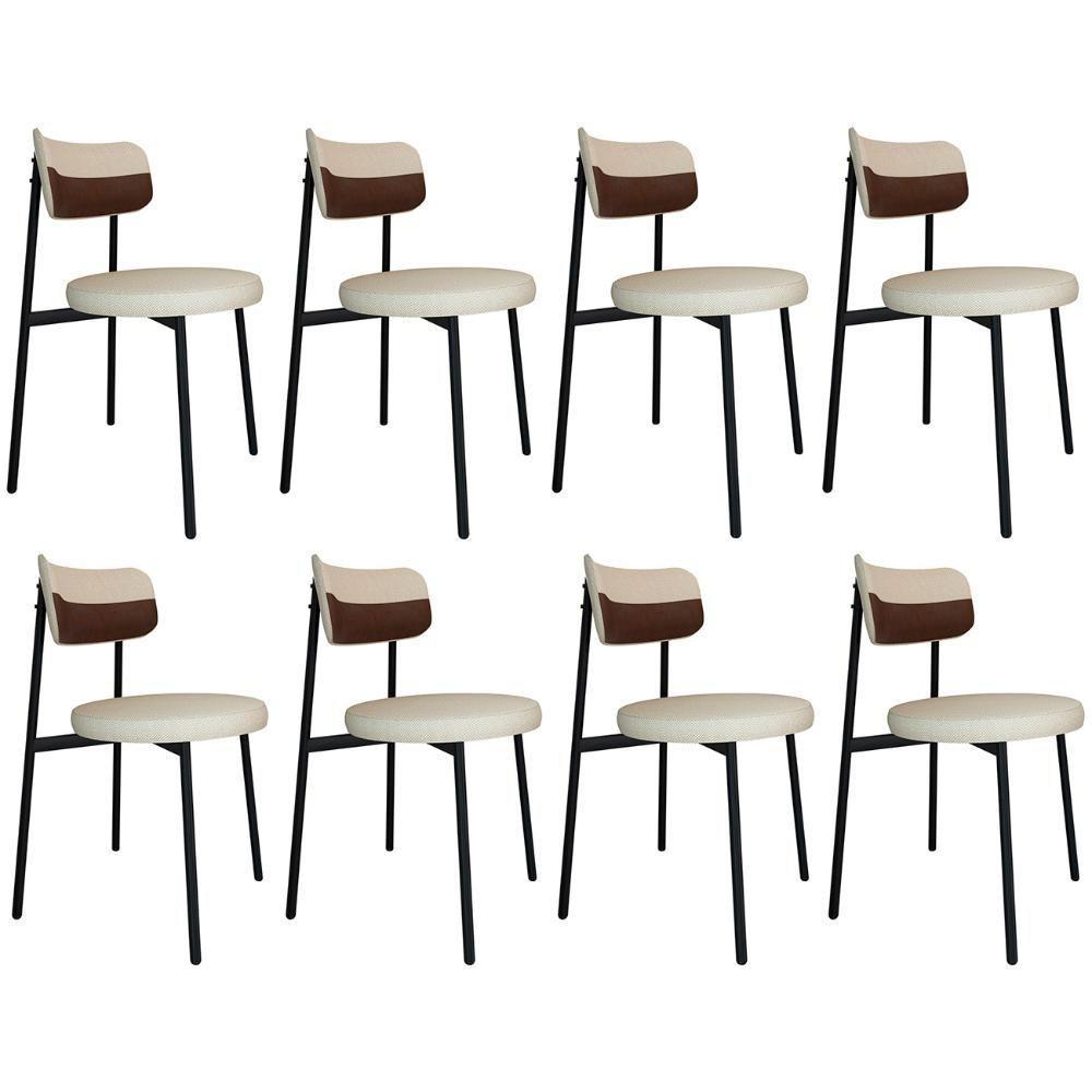 Cadeira De Jantar Estofada Kit 8 Nyka M25 Linho Areia/marrom - Mpozenato - 1