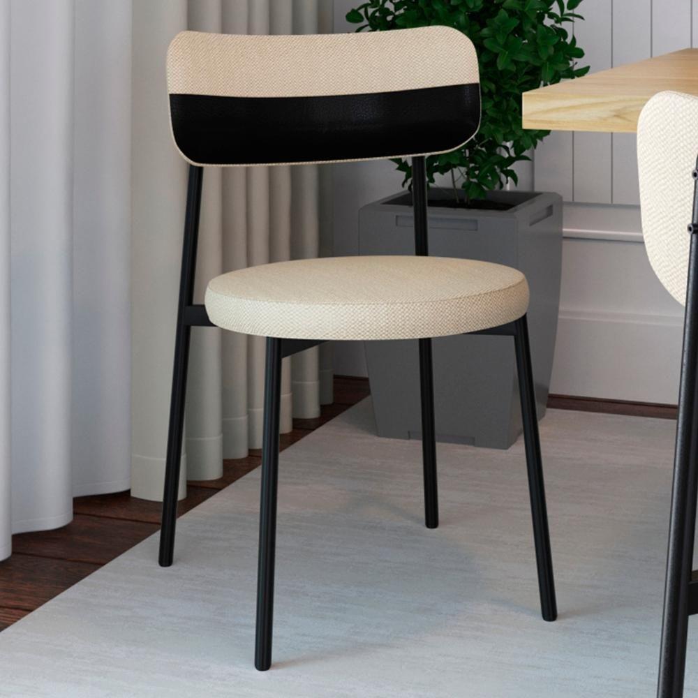 Cadeira De Jantar Estofada Kit 2 Nyka M25 Linho Areia/preto - Mpozenato - 2