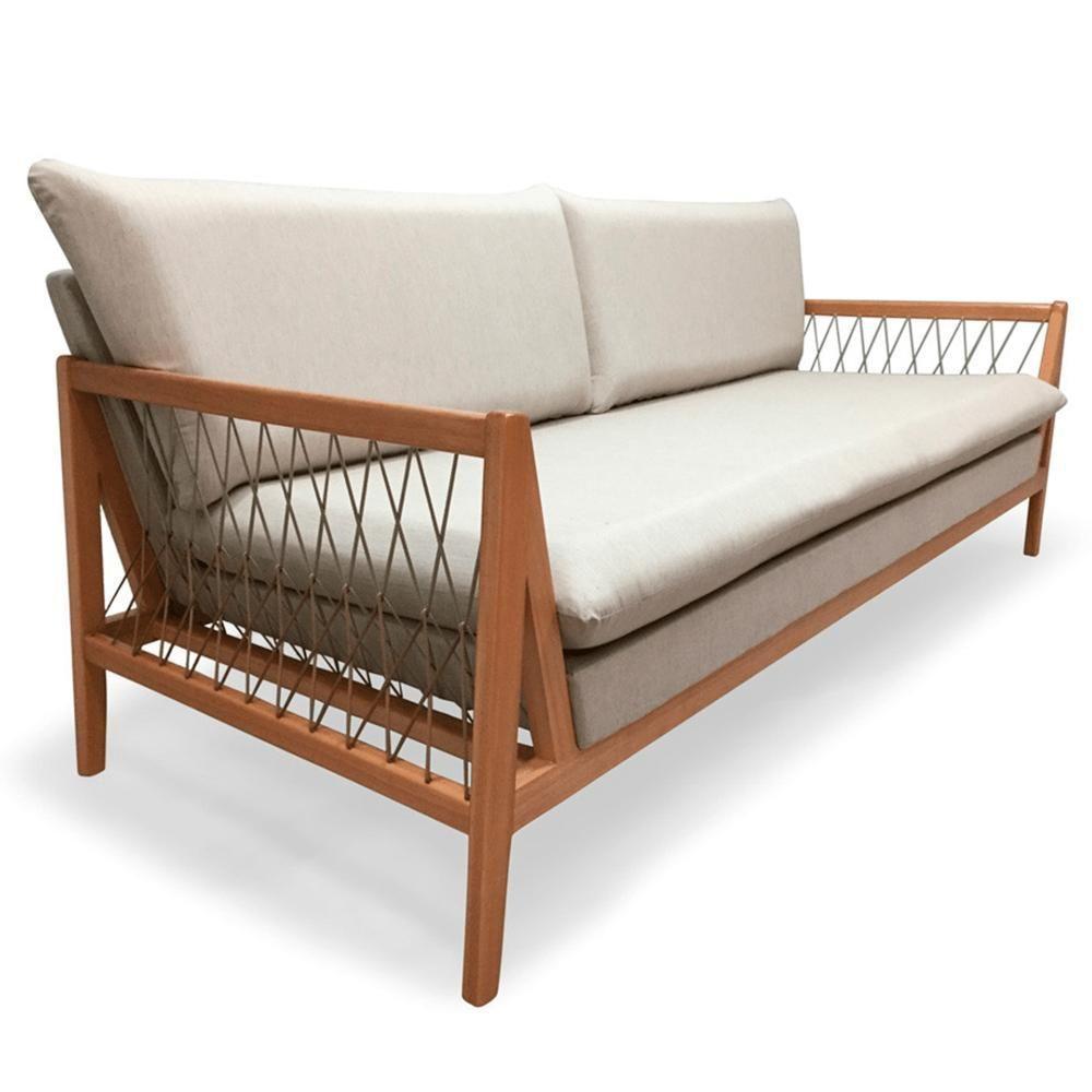 Sofá Pleno Ozki 200 Cm Madeira Eucalipto Cedro Tecido Bege Corda Redonda Rami - 2