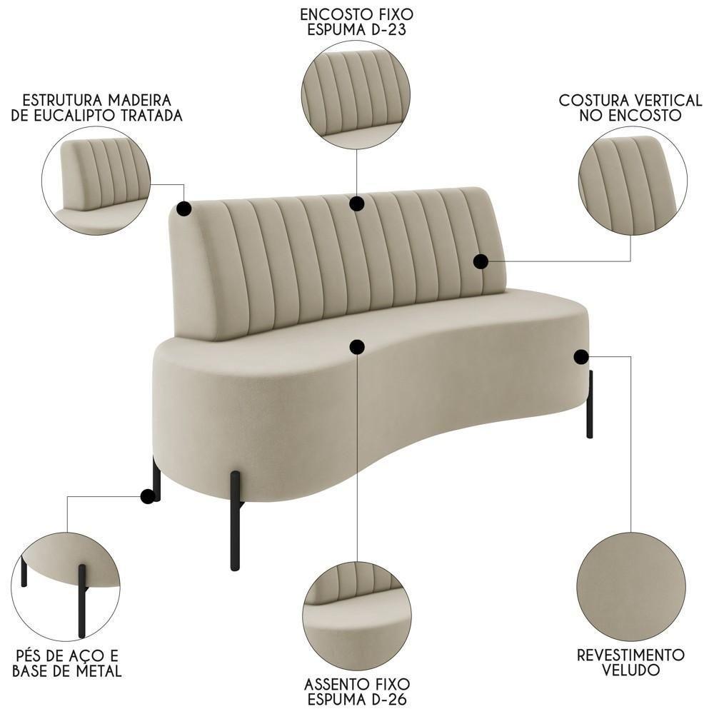 Sofá 2 Lugares 160cm Pés Aço Preto Tamar Z08 Veludo Bege - Mpozenato - 3