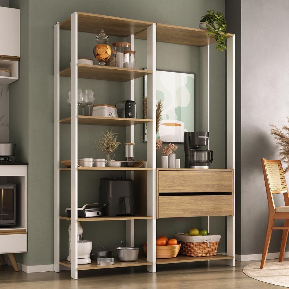 Armário De Cozinha Modulada Compacta 135cm 2 Peças Com 2 Gavetas Multimóveis Mp2284 Branco/madeirado - 1