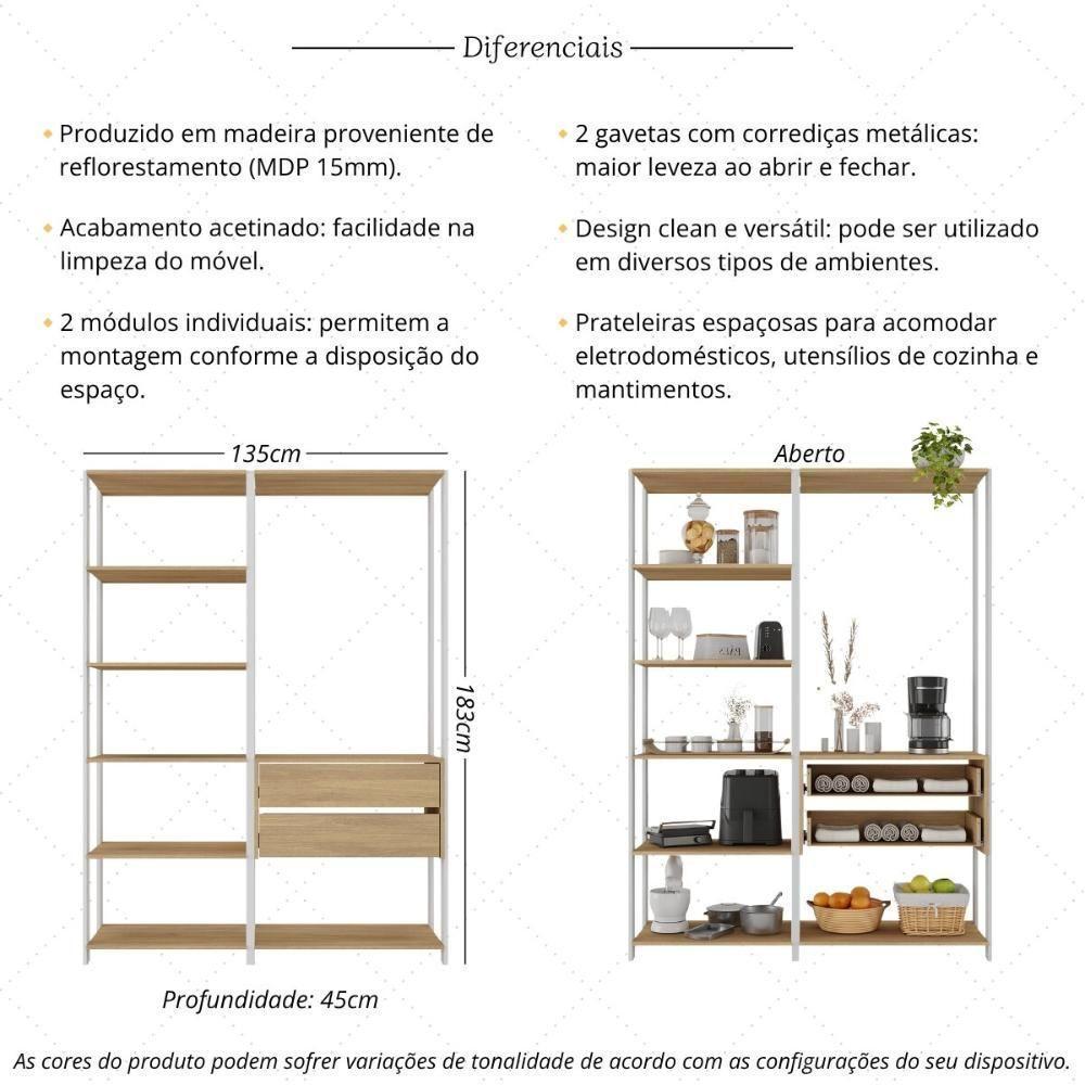 Armário De Cozinha Modulada Compacta 135cm 2 Peças Com 2 Gavetas Multimóveis Mp2284 Branco/madeirado - 3