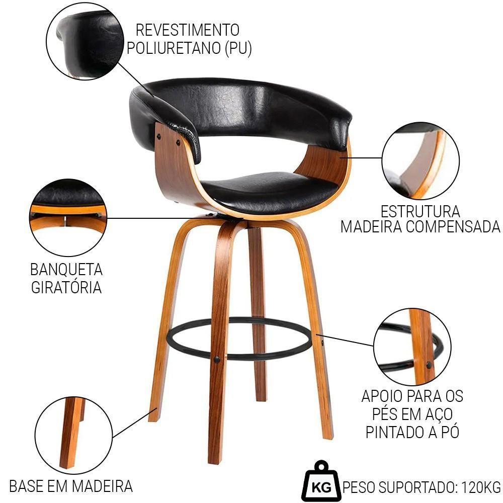 Kit 6 Banquetas Giratória Alta Com Encosto Base Madeira Ravi R02 Sintético Preto - Mpozenato - 3