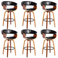 Kit 6 Banquetas Giratória Alta Com Encosto Base Madeira Ravi R02 Sintético Preto - Mpozenato - 1