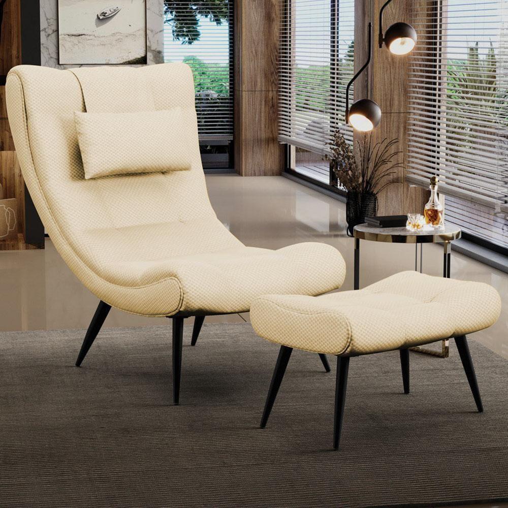 Kit Poltrona E Puff Para Sala De Estar Com Almofada E Pés Palito Lord Veludo Luxo Off White - Ibiza - 2