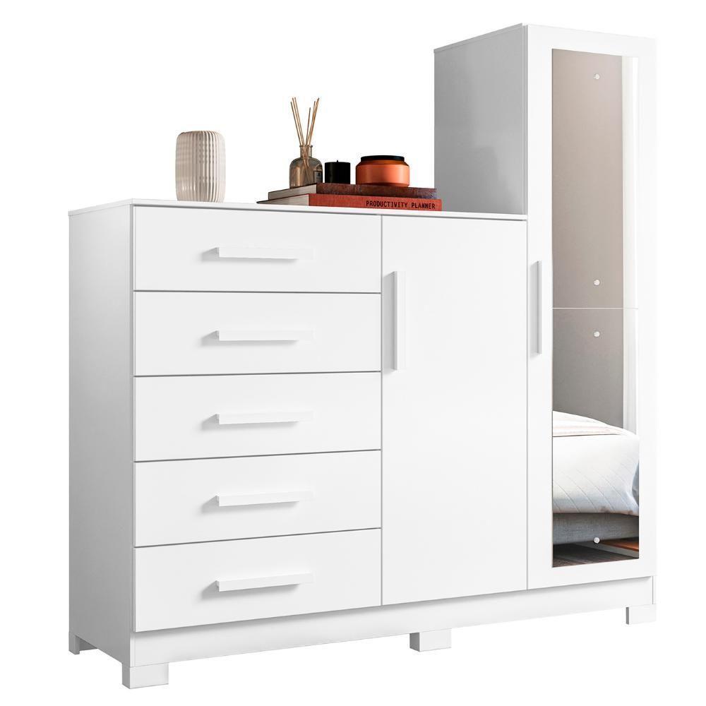 Guarda Roupa Cômoda Com Espelho 158cm Suiça A02 Branco - Mpozenato - 1
