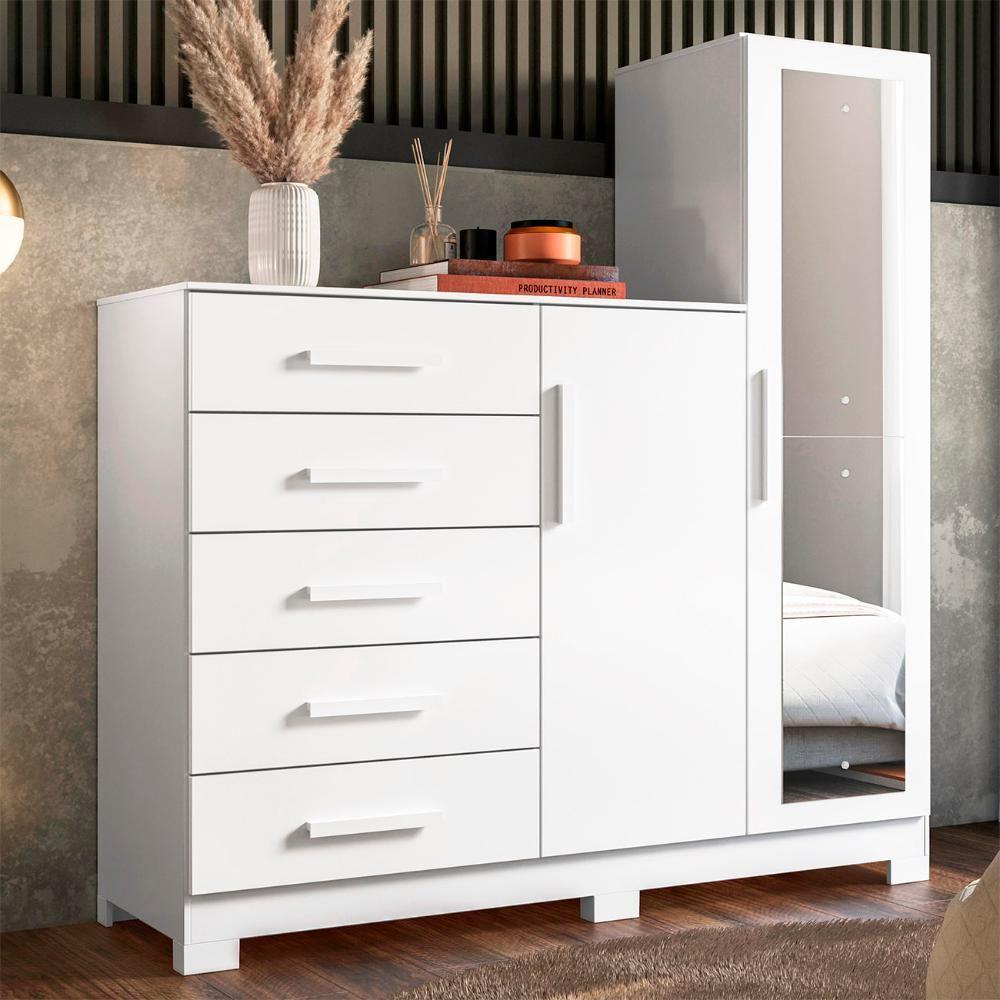 Guarda Roupa Cômoda Com Espelho 158cm Suiça A02 Branco - Mpozenato - 2