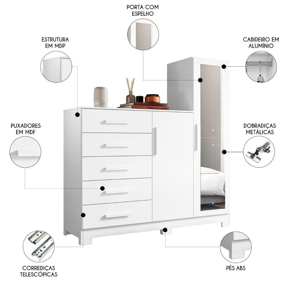 Guarda Roupa Cômoda Com Espelho 158cm Suiça A02 Branco - Mpozenato - 3