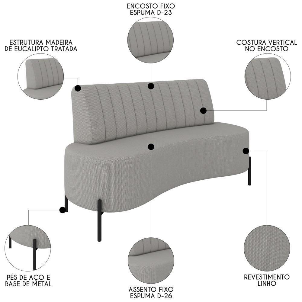 Sofá 2 Lugares 135cm Pés Aço Preto Tamar Z08 Linho Cinza - Mpozenato - 3