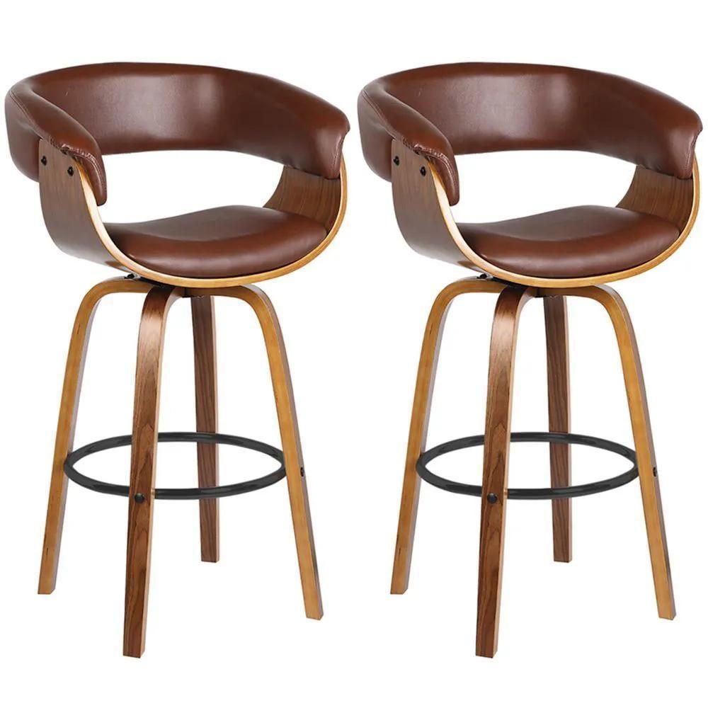 Kit 2 Banquetas Giratória Alta Com Encosto Base Madeira Ravi R02 Sintético Marrom - Mpozenato - 1