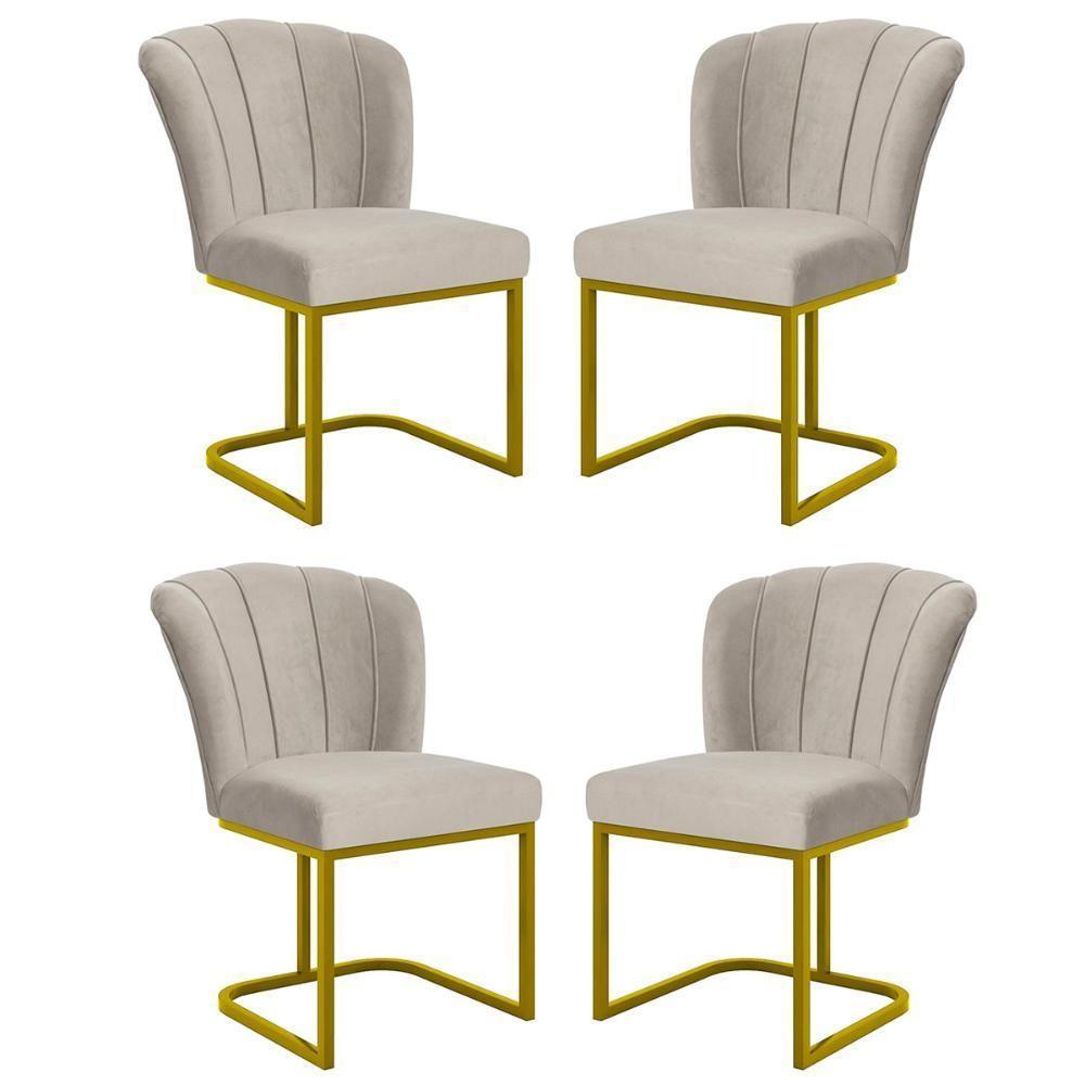 Kit 4 Cadeiras Jantar Flor Mesa Cozinha Reforçada Base Metal Dourada Bege - 1