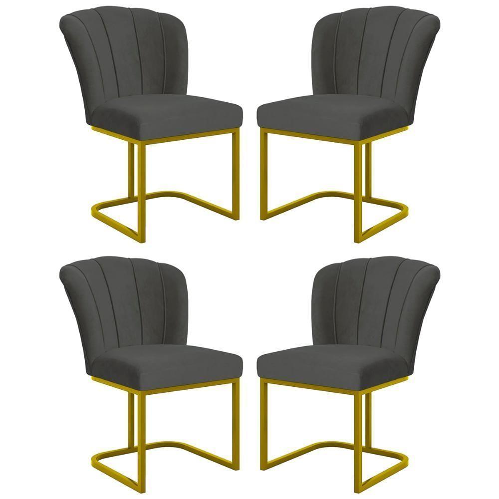 Kit 4 Cadeiras Jantar Flor Mesa Cozinha Reforçada Base Metal Dourada Cinza - 1