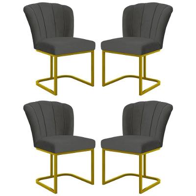 Kit 4 Cadeiras Jantar Flor Mesa Cozinha Reforçada Base Metal Dourada Cinza