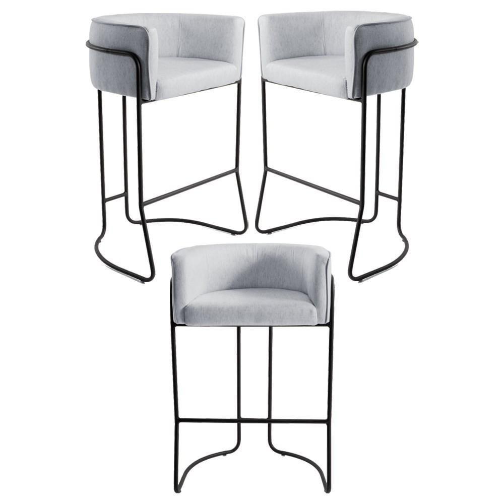 Kit 3 Banquetas Decorativas Base Aço Preto Betina Linho D-315 Cinza - Domi - 1