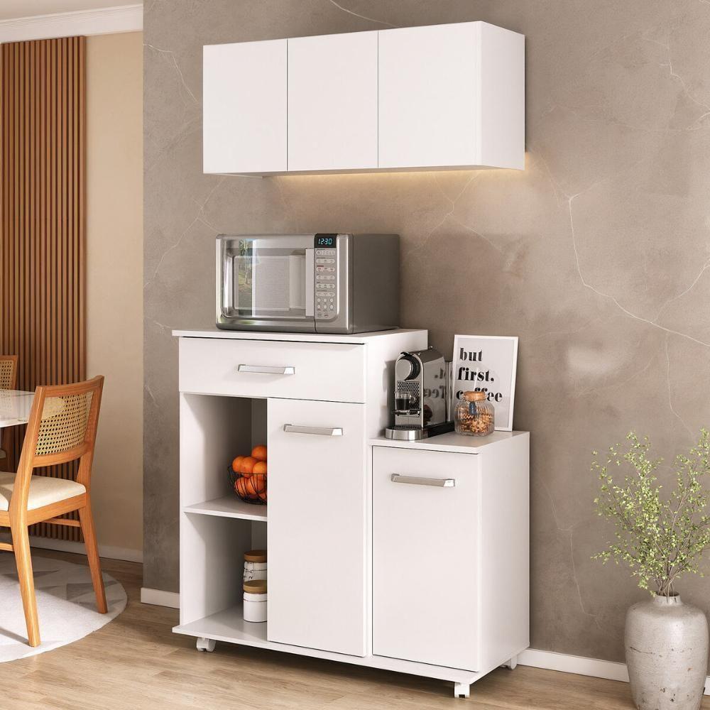 Kit Armário De Cozinha 93cm Com Balcão Multiuso Para Micro-ondas Multimóveis Mp2282 Branco - 1