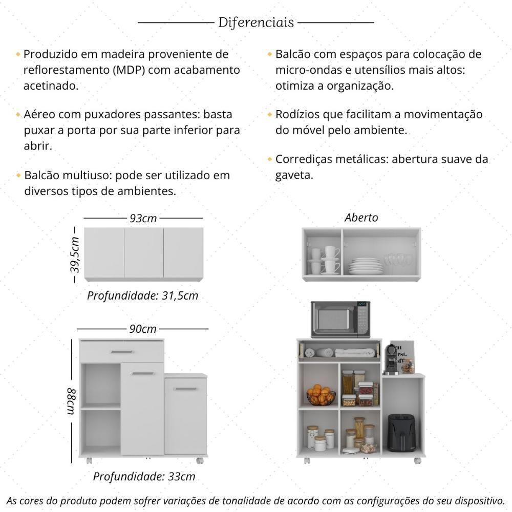 Kit Armário De Cozinha 93cm Com Balcão Multiuso Para Micro-ondas Multimóveis Mp2282 Branco - 3