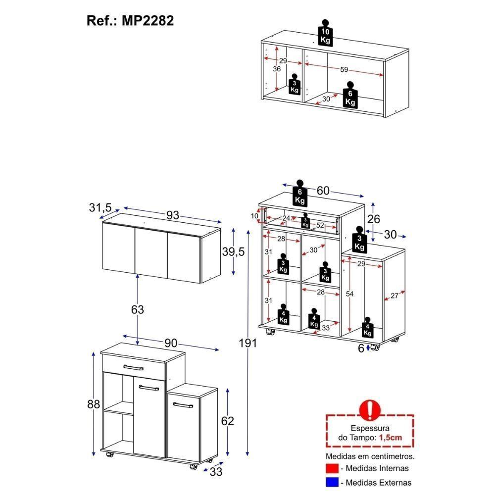 Kit Armário De Cozinha 93cm Com Balcão Multiuso Para Micro-ondas Multimóveis Mp2282 Branco - 4