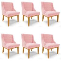 Kit 6 Cadeiras Estofadas Para Sala De Jantar Base Fixa De Madeira Castanho Lia Suede Rosa Bebê - Ibiza - 1