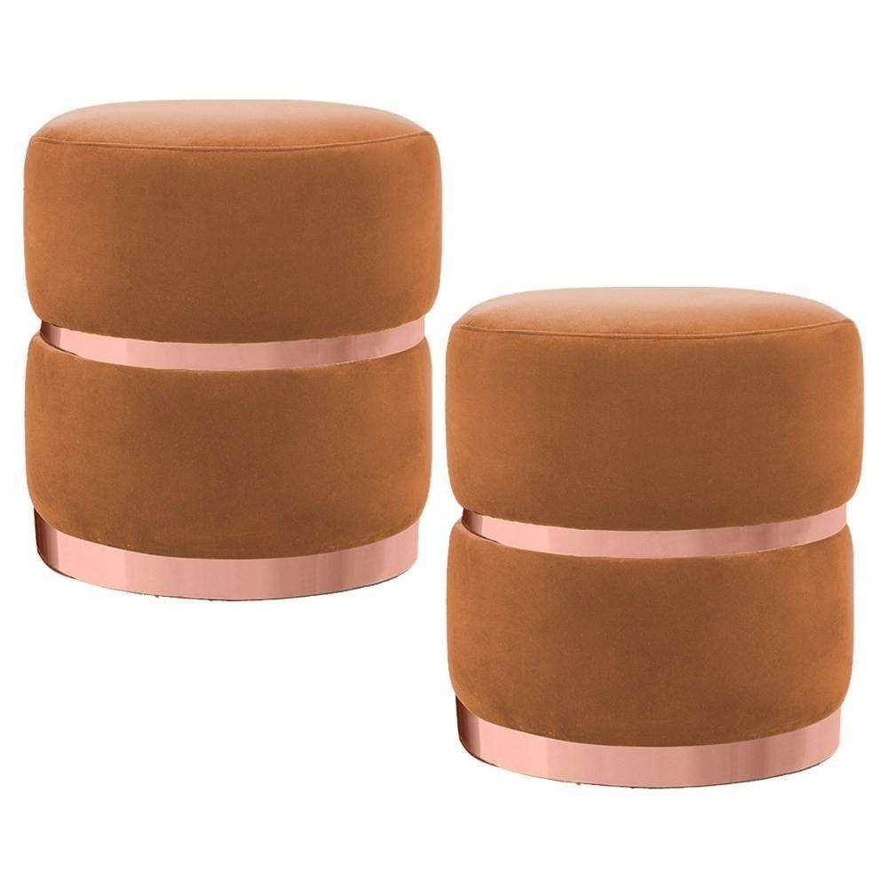 Kit 2 Puffs Decorativos Com Cinto E Aro Rosê Round C-262 Veludo Laranja - Domi - 1